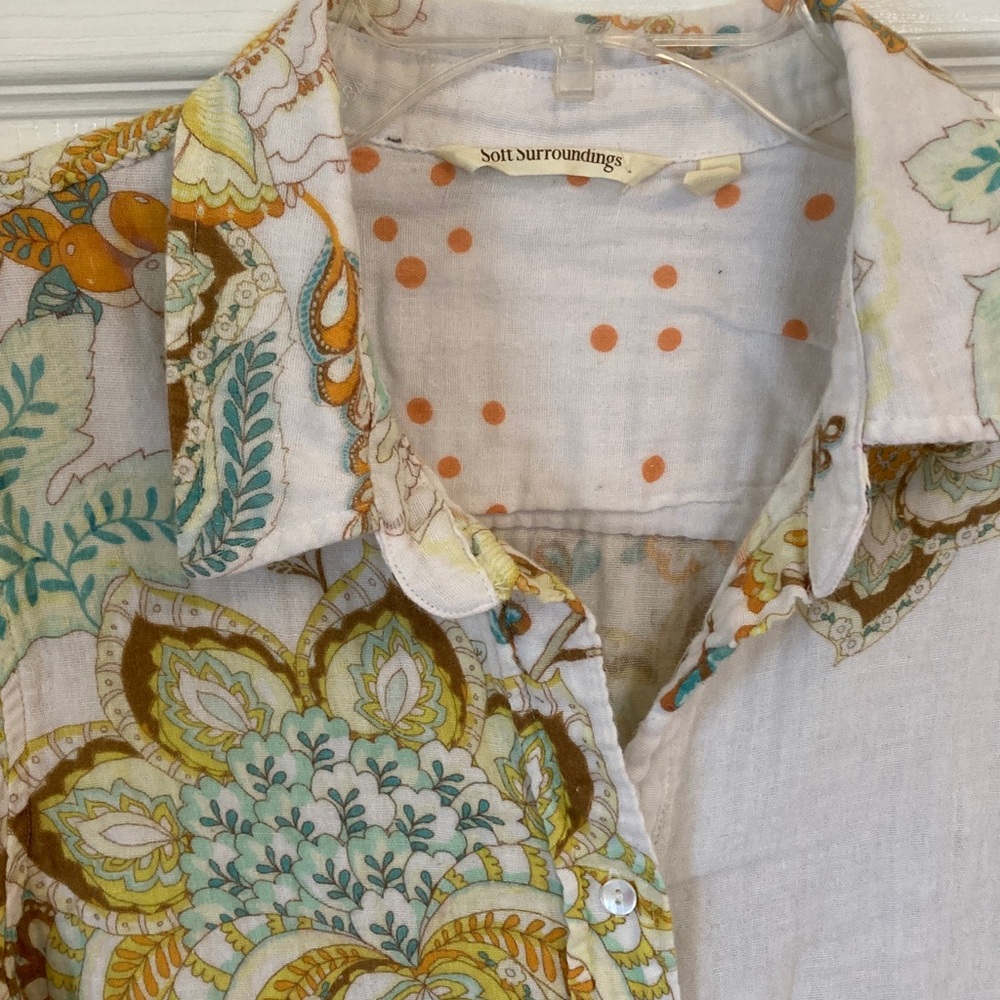 Lightweight Floral Button-Down Shirt - White with Green & Yellow Print - Picture 9 of 13